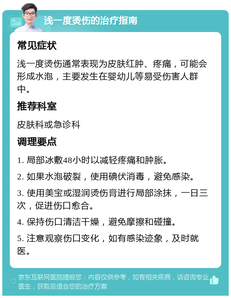 浅一度烫伤的治疗指南 常见症状 浅一度烫伤通常表现为皮肤红肿、疼痛，可能会形成水泡，主要发生在婴幼儿等易受伤害人群中。 推荐科室 皮肤科或急诊科 调理要点 1. 局部冰敷48小时以减轻疼痛和肿胀。 2. 如果水泡破裂，使用碘伏消毒，避免感染。 3. 使用美宝或湿润烫伤膏进行局部涂抹，一日三次，促进伤口愈合。 4. 保持伤口清洁干燥，避免摩擦和碰撞。 5. 注意观察伤口变化，如有感染迹象，及时就医。