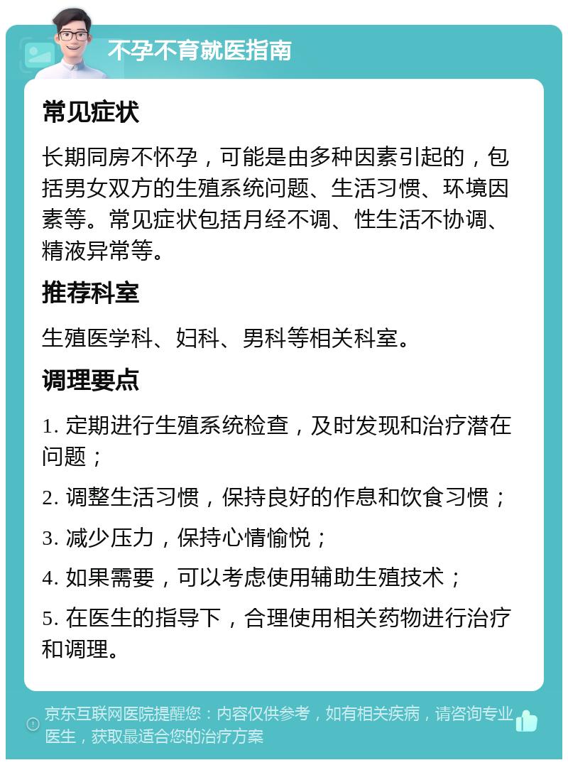 不孕不育就医指南 常见症状 长期同房不怀孕，可能是由多种因素引起的，包括男女双方的生殖系统问题、生活习惯、环境因素等。常见症状包括月经不调、性生活不协调、精液异常等。 推荐科室 生殖医学科、妇科、男科等相关科室。 调理要点 1. 定期进行生殖系统检查，及时发现和治疗潜在问题； 2. 调整生活习惯，保持良好的作息和饮食习惯； 3. 减少压力，保持心情愉悦； 4. 如果需要，可以考虑使用辅助生殖技术； 5. 在医生的指导下，合理使用相关药物进行治疗和调理。