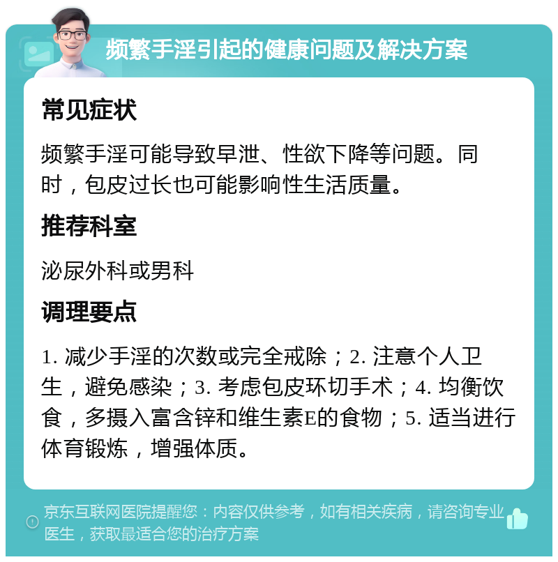 频繁手淫引起的健康问题及解决方案 常见症状 频繁手淫可能导致早泄、性欲下降等问题。同时，包皮过长也可能影响性生活质量。 推荐科室 泌尿外科或男科 调理要点 1. 减少手淫的次数或完全戒除；2. 注意个人卫生，避免感染；3. 考虑包皮环切手术；4. 均衡饮食，多摄入富含锌和维生素E的食物；5. 适当进行体育锻炼，增强体质。