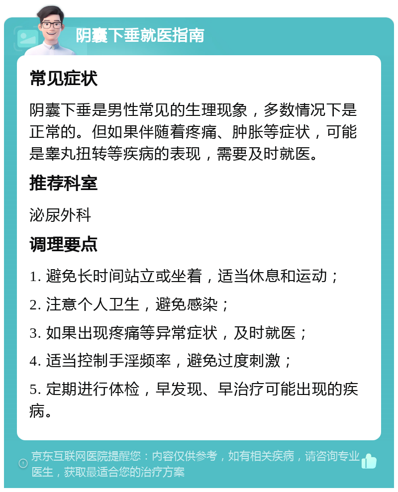 阴囊下垂就医指南 常见症状 阴囊下垂是男性常见的生理现象，多数情况下是正常的。但如果伴随着疼痛、肿胀等症状，可能是睾丸扭转等疾病的表现，需要及时就医。 推荐科室 泌尿外科 调理要点 1. 避免长时间站立或坐着，适当休息和运动； 2. 注意个人卫生，避免感染； 3. 如果出现疼痛等异常症状，及时就医； 4. 适当控制手淫频率，避免过度刺激； 5. 定期进行体检，早发现、早治疗可能出现的疾病。