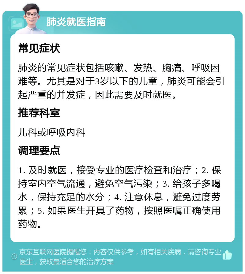 肺炎就医指南 常见症状 肺炎的常见症状包括咳嗽、发热、胸痛、呼吸困难等。尤其是对于3岁以下的儿童，肺炎可能会引起严重的并发症，因此需要及时就医。 推荐科室 儿科或呼吸内科 调理要点 1. 及时就医，接受专业的医疗检查和治疗；2. 保持室内空气流通，避免空气污染；3. 给孩子多喝水，保持充足的水分；4. 注意休息，避免过度劳累；5. 如果医生开具了药物，按照医嘱正确使用药物。