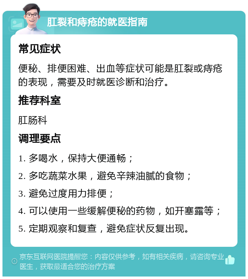 肛裂和痔疮的就医指南 常见症状 便秘、排便困难、出血等症状可能是肛裂或痔疮的表现，需要及时就医诊断和治疗。 推荐科室 肛肠科 调理要点 1. 多喝水，保持大便通畅； 2. 多吃蔬菜水果，避免辛辣油腻的食物； 3. 避免过度用力排便； 4. 可以使用一些缓解便秘的药物，如开塞露等； 5. 定期观察和复查，避免症状反复出现。