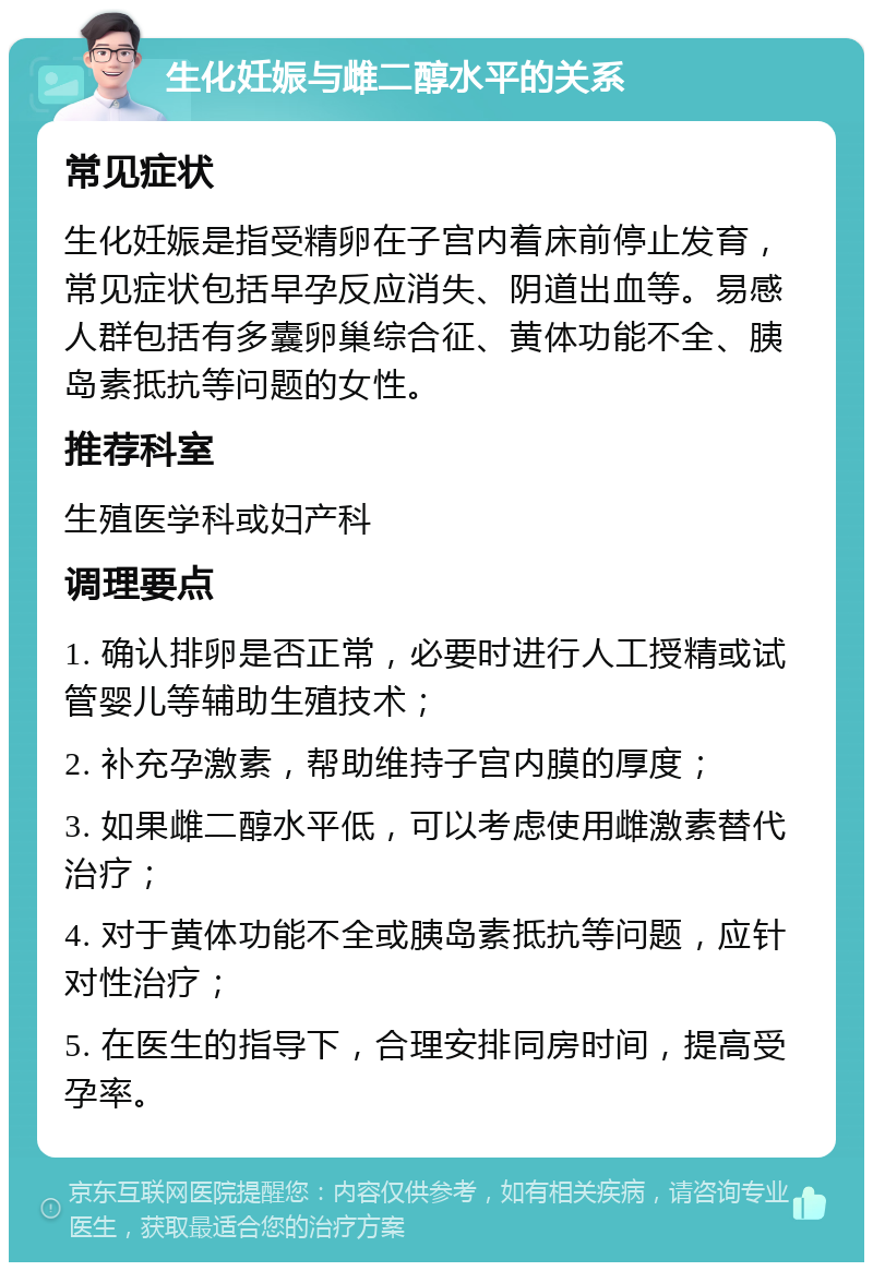 生化妊娠与雌二醇水平的关系 常见症状 生化妊娠是指受精卵在子宫内着床前停止发育，常见症状包括早孕反应消失、阴道出血等。易感人群包括有多囊卵巢综合征、黄体功能不全、胰岛素抵抗等问题的女性。 推荐科室 生殖医学科或妇产科 调理要点 1. 确认排卵是否正常，必要时进行人工授精或试管婴儿等辅助生殖技术； 2. 补充孕激素，帮助维持子宫内膜的厚度； 3. 如果雌二醇水平低，可以考虑使用雌激素替代治疗； 4. 对于黄体功能不全或胰岛素抵抗等问题，应针对性治疗； 5. 在医生的指导下，合理安排同房时间，提高受孕率。