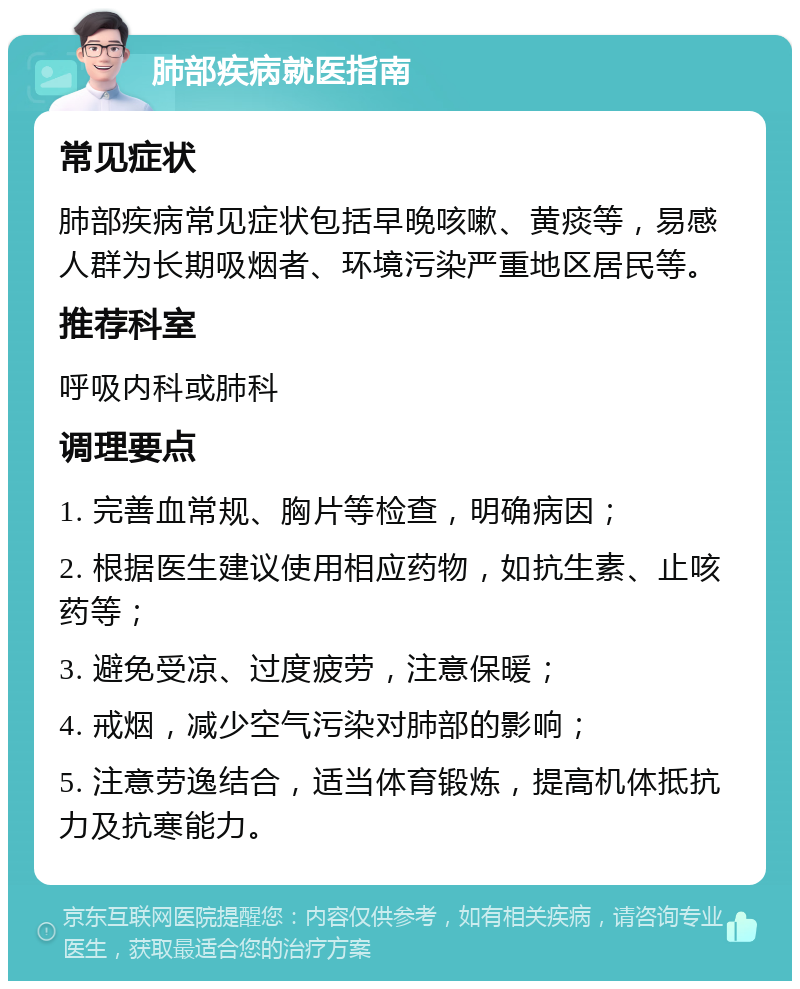 肺部疾病就医指南 常见症状 肺部疾病常见症状包括早晚咳嗽、黄痰等，易感人群为长期吸烟者、环境污染严重地区居民等。 推荐科室 呼吸内科或肺科 调理要点 1. 完善血常规、胸片等检查，明确病因； 2. 根据医生建议使用相应药物，如抗生素、止咳药等； 3. 避免受凉、过度疲劳，注意保暖； 4. 戒烟，减少空气污染对肺部的影响； 5. 注意劳逸结合，适当体育锻炼，提高机体抵抗力及抗寒能力。