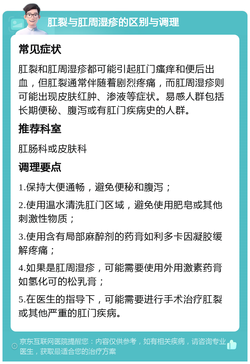 肛裂与肛周湿疹的区别与调理 常见症状 肛裂和肛周湿疹都可能引起肛门瘙痒和便后出血，但肛裂通常伴随着剧烈疼痛，而肛周湿疹则可能出现皮肤红肿、渗液等症状。易感人群包括长期便秘、腹泻或有肛门疾病史的人群。 推荐科室 肛肠科或皮肤科 调理要点 1.保持大便通畅，避免便秘和腹泻； 2.使用温水清洗肛门区域，避免使用肥皂或其他刺激性物质； 3.使用含有局部麻醉剂的药膏如利多卡因凝胶缓解疼痛； 4.如果是肛周湿疹，可能需要使用外用激素药膏如氢化可的松乳膏； 5.在医生的指导下，可能需要进行手术治疗肛裂或其他严重的肛门疾病。