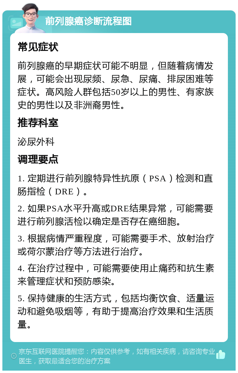 前列腺癌诊断流程图 常见症状 前列腺癌的早期症状可能不明显，但随着病情发展，可能会出现尿频、尿急、尿痛、排尿困难等症状。高风险人群包括50岁以上的男性、有家族史的男性以及非洲裔男性。 推荐科室 泌尿外科 调理要点 1. 定期进行前列腺特异性抗原（PSA）检测和直肠指检（DRE）。 2. 如果PSA水平升高或DRE结果异常，可能需要进行前列腺活检以确定是否存在癌细胞。 3. 根据病情严重程度，可能需要手术、放射治疗或荷尔蒙治疗等方法进行治疗。 4. 在治疗过程中，可能需要使用止痛药和抗生素来管理症状和预防感染。 5. 保持健康的生活方式，包括均衡饮食、适量运动和避免吸烟等，有助于提高治疗效果和生活质量。