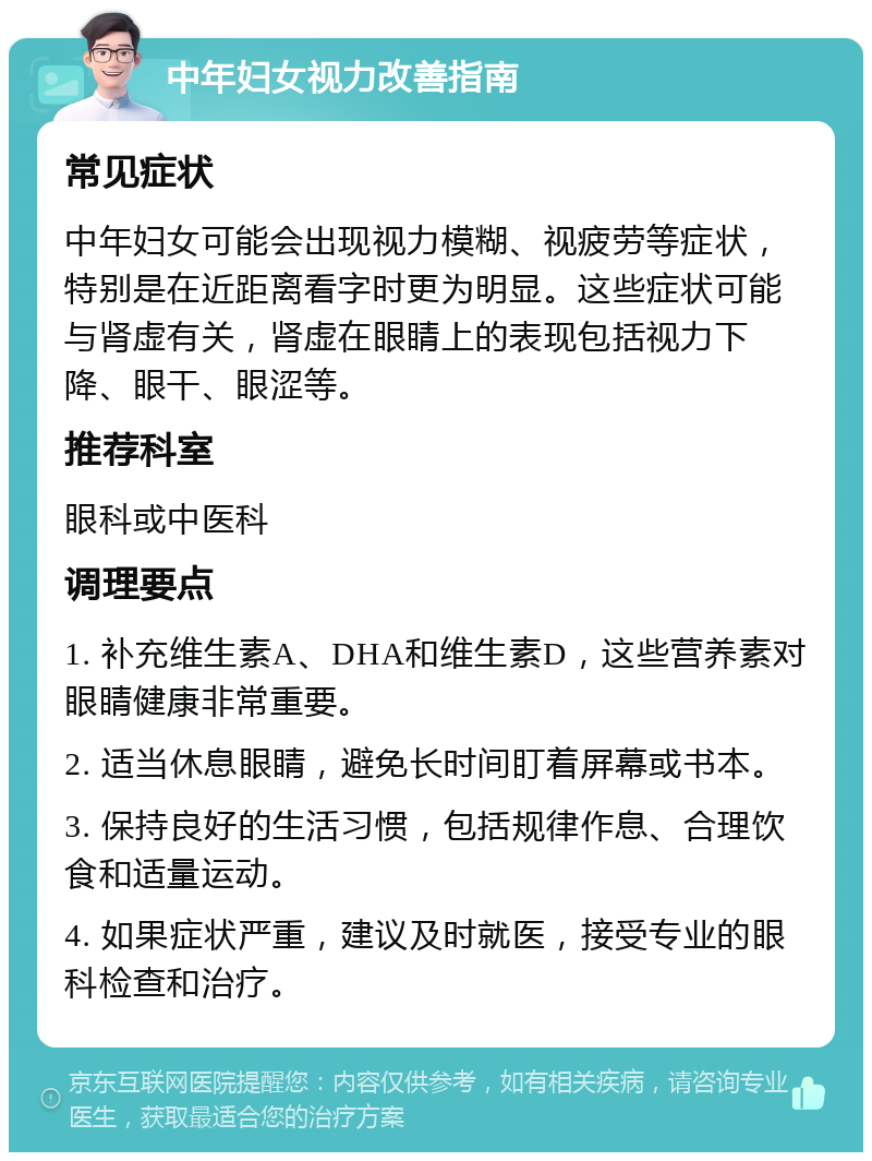 中年妇女视力改善指南 常见症状 中年妇女可能会出现视力模糊、视疲劳等症状，特别是在近距离看字时更为明显。这些症状可能与肾虚有关，肾虚在眼睛上的表现包括视力下降、眼干、眼涩等。 推荐科室 眼科或中医科 调理要点 1. 补充维生素A、DHA和维生素D，这些营养素对眼睛健康非常重要。 2. 适当休息眼睛，避免长时间盯着屏幕或书本。 3. 保持良好的生活习惯，包括规律作息、合理饮食和适量运动。 4. 如果症状严重，建议及时就医，接受专业的眼科检查和治疗。