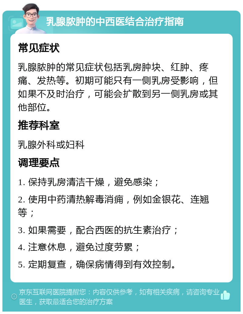 乳腺脓肿的中西医结合治疗指南 常见症状 乳腺脓肿的常见症状包括乳房肿块、红肿、疼痛、发热等。初期可能只有一侧乳房受影响，但如果不及时治疗，可能会扩散到另一侧乳房或其他部位。 推荐科室 乳腺外科或妇科 调理要点 1. 保持乳房清洁干燥，避免感染； 2. 使用中药清热解毒消痈，例如金银花、连翘等； 3. 如果需要，配合西医的抗生素治疗； 4. 注意休息，避免过度劳累； 5. 定期复查，确保病情得到有效控制。