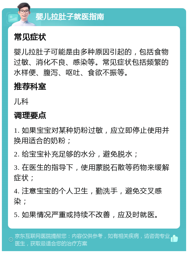 婴儿拉肚子就医指南 常见症状 婴儿拉肚子可能是由多种原因引起的，包括食物过敏、消化不良、感染等。常见症状包括频繁的水样便、腹泻、呕吐、食欲不振等。 推荐科室 儿科 调理要点 1. 如果宝宝对某种奶粉过敏，应立即停止使用并换用适合的奶粉； 2. 给宝宝补充足够的水分，避免脱水； 3. 在医生的指导下，使用蒙脱石散等药物来缓解症状； 4. 注意宝宝的个人卫生，勤洗手，避免交叉感染； 5. 如果情况严重或持续不改善，应及时就医。