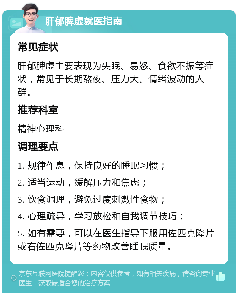 肝郁脾虚就医指南 常见症状 肝郁脾虚主要表现为失眠、易怒、食欲不振等症状，常见于长期熬夜、压力大、情绪波动的人群。 推荐科室 精神心理科 调理要点 1. 规律作息，保持良好的睡眠习惯； 2. 适当运动，缓解压力和焦虑； 3. 饮食调理，避免过度刺激性食物； 4. 心理疏导，学习放松和自我调节技巧； 5. 如有需要，可以在医生指导下服用佐匹克隆片或右佐匹克隆片等药物改善睡眠质量。