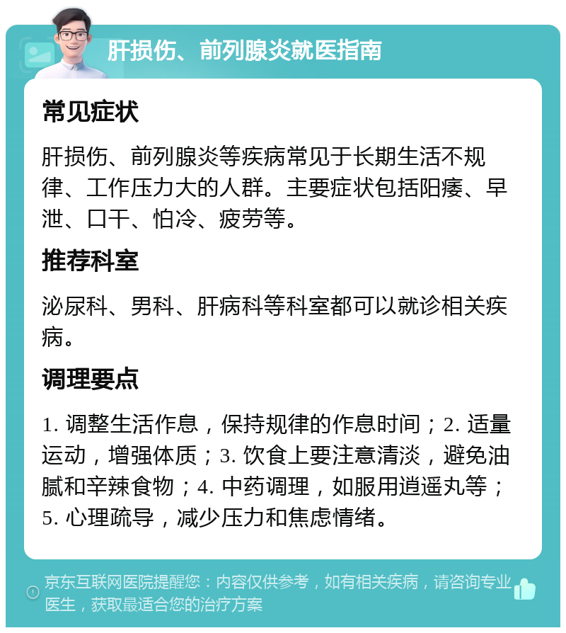 肝损伤、前列腺炎就医指南 常见症状 肝损伤、前列腺炎等疾病常见于长期生活不规律、工作压力大的人群。主要症状包括阳痿、早泄、口干、怕冷、疲劳等。 推荐科室 泌尿科、男科、肝病科等科室都可以就诊相关疾病。 调理要点 1. 调整生活作息，保持规律的作息时间；2. 适量运动，增强体质；3. 饮食上要注意清淡，避免油腻和辛辣食物；4. 中药调理，如服用逍遥丸等；5. 心理疏导，减少压力和焦虑情绪。