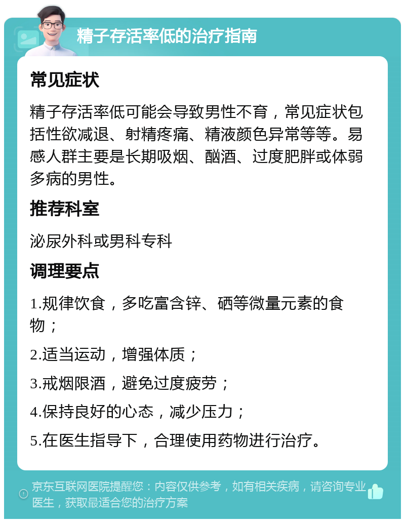 精子存活率低的治疗指南 常见症状 精子存活率低可能会导致男性不育，常见症状包括性欲减退、射精疼痛、精液颜色异常等等。易感人群主要是长期吸烟、酗酒、过度肥胖或体弱多病的男性。 推荐科室 泌尿外科或男科专科 调理要点 1.规律饮食，多吃富含锌、硒等微量元素的食物； 2.适当运动，增强体质； 3.戒烟限酒，避免过度疲劳； 4.保持良好的心态，减少压力； 5.在医生指导下，合理使用药物进行治疗。