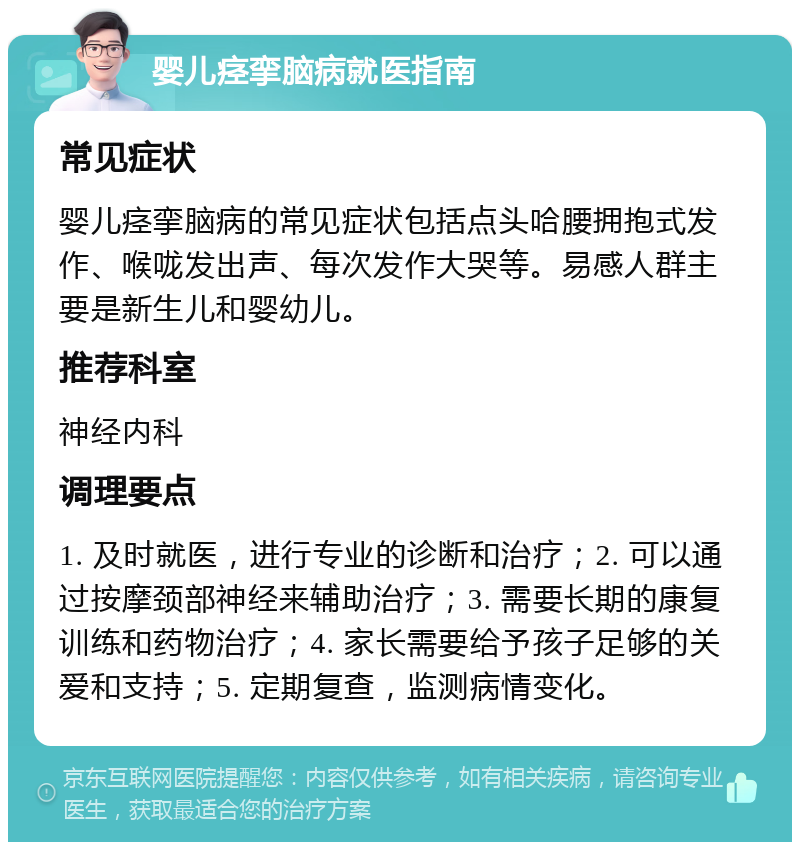 婴儿痉挛脑病就医指南 常见症状 婴儿痉挛脑病的常见症状包括点头哈腰拥抱式发作、喉咙发出声、每次发作大哭等。易感人群主要是新生儿和婴幼儿。 推荐科室 神经内科 调理要点 1. 及时就医，进行专业的诊断和治疗；2. 可以通过按摩颈部神经来辅助治疗；3. 需要长期的康复训练和药物治疗；4. 家长需要给予孩子足够的关爱和支持；5. 定期复查，监测病情变化。