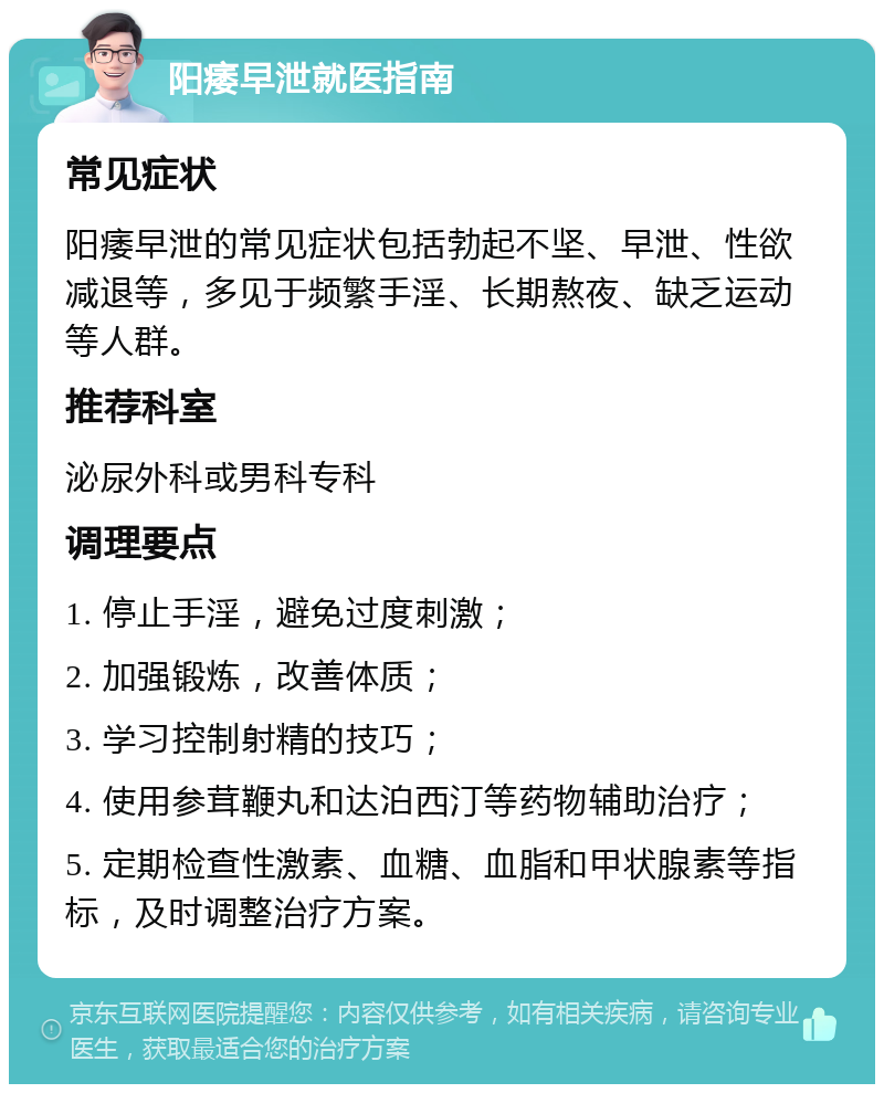 阳痿早泄就医指南 常见症状 阳痿早泄的常见症状包括勃起不坚、早泄、性欲减退等，多见于频繁手淫、长期熬夜、缺乏运动等人群。 推荐科室 泌尿外科或男科专科 调理要点 1. 停止手淫，避免过度刺激； 2. 加强锻炼，改善体质； 3. 学习控制射精的技巧； 4. 使用参茸鞭丸和达泊西汀等药物辅助治疗； 5. 定期检查性激素、血糖、血脂和甲状腺素等指标，及时调整治疗方案。