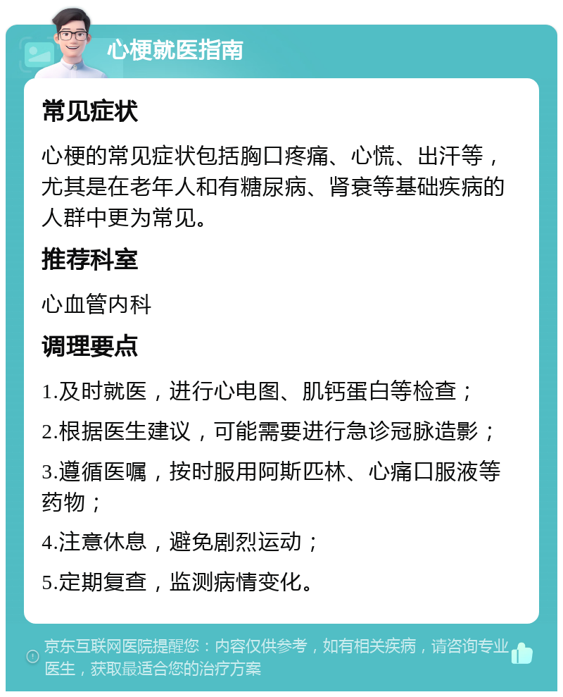 心梗就医指南 常见症状 心梗的常见症状包括胸口疼痛、心慌、出汗等，尤其是在老年人和有糖尿病、肾衰等基础疾病的人群中更为常见。 推荐科室 心血管内科 调理要点 1.及时就医，进行心电图、肌钙蛋白等检查； 2.根据医生建议，可能需要进行急诊冠脉造影； 3.遵循医嘱，按时服用阿斯匹林、心痛口服液等药物； 4.注意休息，避免剧烈运动； 5.定期复查，监测病情变化。