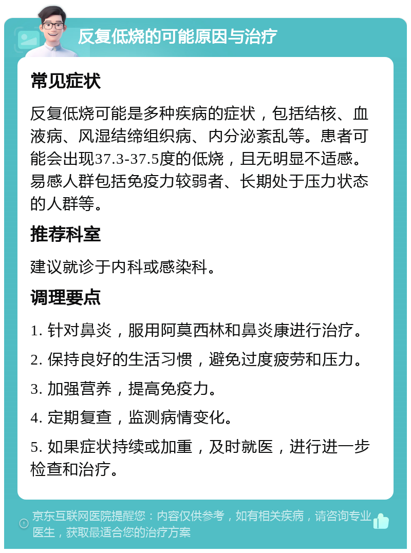 反复低烧的可能原因与治疗 常见症状 反复低烧可能是多种疾病的症状，包括结核、血液病、风湿结缔组织病、内分泌紊乱等。患者可能会出现37.3-37.5度的低烧，且无明显不适感。易感人群包括免疫力较弱者、长期处于压力状态的人群等。 推荐科室 建议就诊于内科或感染科。 调理要点 1. 针对鼻炎，服用阿莫西林和鼻炎康进行治疗。 2. 保持良好的生活习惯，避免过度疲劳和压力。 3. 加强营养，提高免疫力。 4. 定期复查，监测病情变化。 5. 如果症状持续或加重，及时就医，进行进一步检查和治疗。