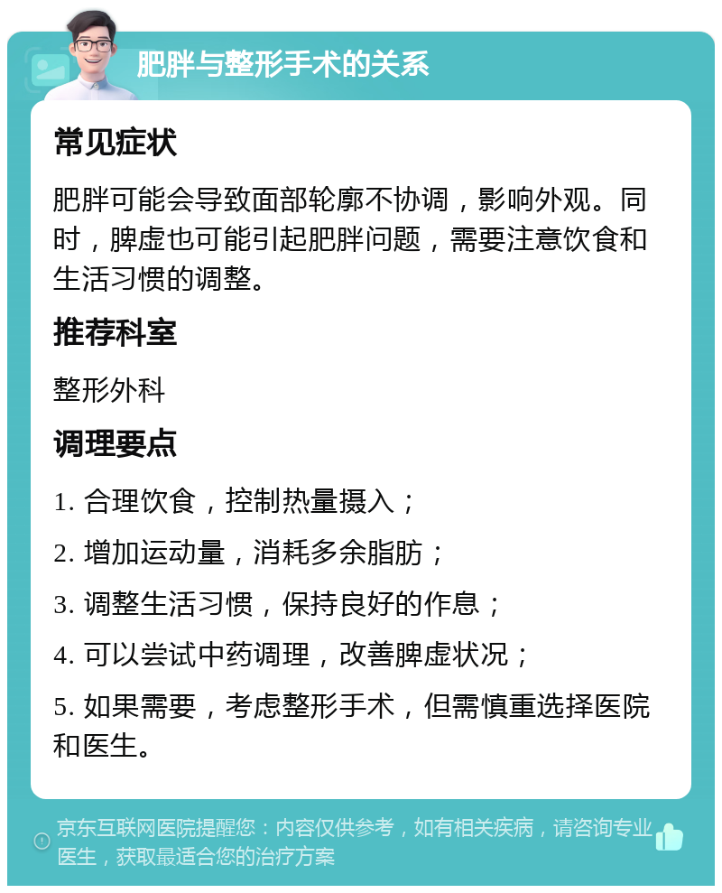 肥胖与整形手术的关系 常见症状 肥胖可能会导致面部轮廓不协调，影响外观。同时，脾虚也可能引起肥胖问题，需要注意饮食和生活习惯的调整。 推荐科室 整形外科 调理要点 1. 合理饮食，控制热量摄入； 2. 增加运动量，消耗多余脂肪； 3. 调整生活习惯，保持良好的作息； 4. 可以尝试中药调理，改善脾虚状况； 5. 如果需要，考虑整形手术，但需慎重选择医院和医生。