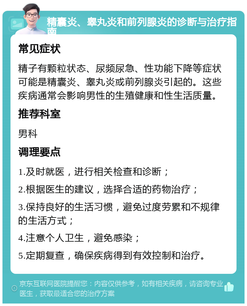 精囊炎、睾丸炎和前列腺炎的诊断与治疗指南 常见症状 精子有颗粒状态、尿频尿急、性功能下降等症状可能是精囊炎、睾丸炎或前列腺炎引起的。这些疾病通常会影响男性的生殖健康和性生活质量。 推荐科室 男科 调理要点 1.及时就医，进行相关检查和诊断； 2.根据医生的建议，选择合适的药物治疗； 3.保持良好的生活习惯，避免过度劳累和不规律的生活方式； 4.注意个人卫生，避免感染； 5.定期复查，确保疾病得到有效控制和治疗。