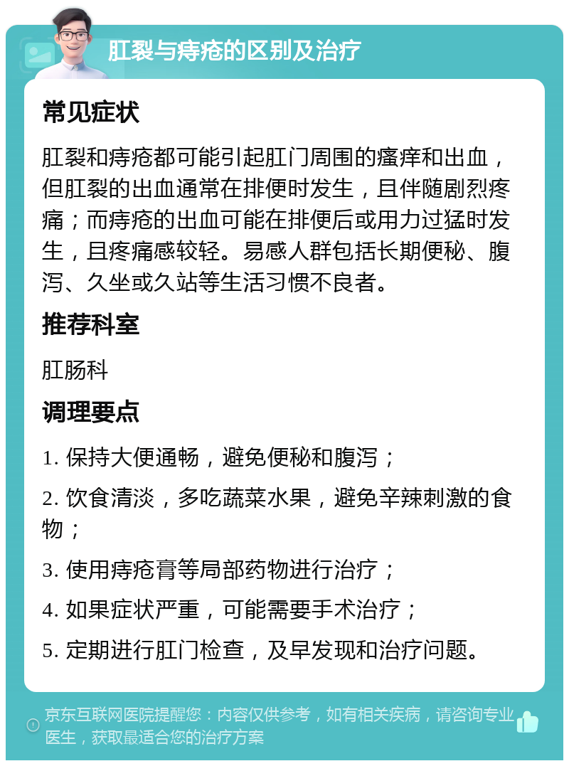 肛裂与痔疮的区别及治疗 常见症状 肛裂和痔疮都可能引起肛门周围的瘙痒和出血，但肛裂的出血通常在排便时发生，且伴随剧烈疼痛；而痔疮的出血可能在排便后或用力过猛时发生，且疼痛感较轻。易感人群包括长期便秘、腹泻、久坐或久站等生活习惯不良者。 推荐科室 肛肠科 调理要点 1. 保持大便通畅，避免便秘和腹泻； 2. 饮食清淡，多吃蔬菜水果，避免辛辣刺激的食物； 3. 使用痔疮膏等局部药物进行治疗； 4. 如果症状严重，可能需要手术治疗； 5. 定期进行肛门检查，及早发现和治疗问题。