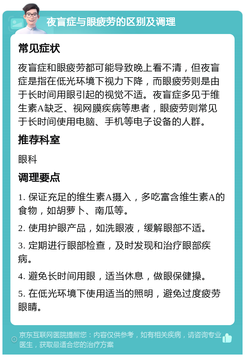 夜盲症与眼疲劳的区别及调理 常见症状 夜盲症和眼疲劳都可能导致晚上看不清，但夜盲症是指在低光环境下视力下降，而眼疲劳则是由于长时间用眼引起的视觉不适。夜盲症多见于维生素A缺乏、视网膜疾病等患者，眼疲劳则常见于长时间使用电脑、手机等电子设备的人群。 推荐科室 眼科 调理要点 1. 保证充足的维生素A摄入，多吃富含维生素A的食物，如胡萝卜、南瓜等。 2. 使用护眼产品，如洗眼液，缓解眼部不适。 3. 定期进行眼部检查，及时发现和治疗眼部疾病。 4. 避免长时间用眼，适当休息，做眼保健操。 5. 在低光环境下使用适当的照明，避免过度疲劳眼睛。