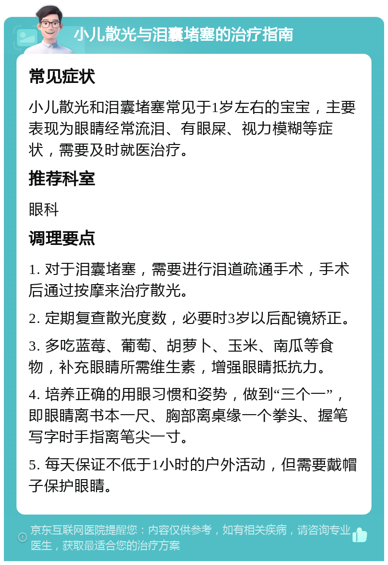 小儿散光与泪囊堵塞的治疗指南 常见症状 小儿散光和泪囊堵塞常见于1岁左右的宝宝，主要表现为眼睛经常流泪、有眼屎、视力模糊等症状，需要及时就医治疗。 推荐科室 眼科 调理要点 1. 对于泪囊堵塞，需要进行泪道疏通手术，手术后通过按摩来治疗散光。 2. 定期复查散光度数，必要时3岁以后配镜矫正。 3. 多吃蓝莓、葡萄、胡萝卜、玉米、南瓜等食物，补充眼睛所需维生素，增强眼睛抵抗力。 4. 培养正确的用眼习惯和姿势，做到“三个一”，即眼睛离书本一尺、胸部离桌缘一个拳头、握笔写字时手指离笔尖一寸。 5. 每天保证不低于1小时的户外活动，但需要戴帽子保护眼睛。