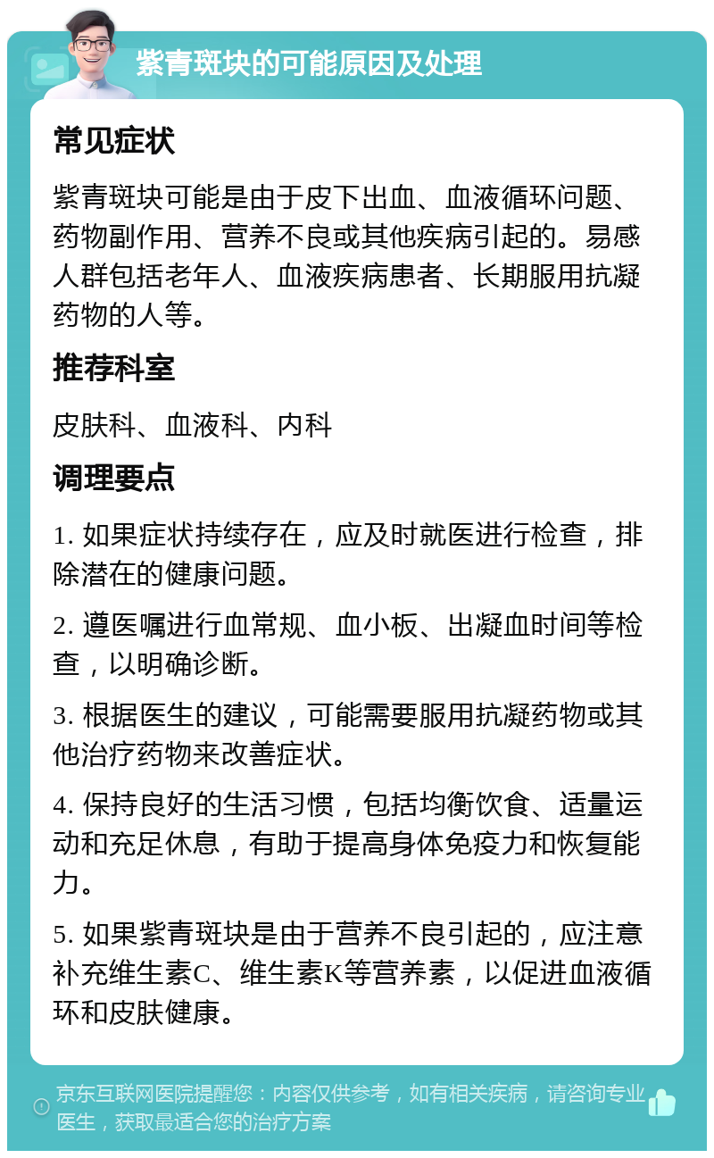 紫青斑块的可能原因及处理 常见症状 紫青斑块可能是由于皮下出血、血液循环问题、药物副作用、营养不良或其他疾病引起的。易感人群包括老年人、血液疾病患者、长期服用抗凝药物的人等。 推荐科室 皮肤科、血液科、内科 调理要点 1. 如果症状持续存在，应及时就医进行检查，排除潜在的健康问题。 2. 遵医嘱进行血常规、血小板、出凝血时间等检查，以明确诊断。 3. 根据医生的建议，可能需要服用抗凝药物或其他治疗药物来改善症状。 4. 保持良好的生活习惯，包括均衡饮食、适量运动和充足休息，有助于提高身体免疫力和恢复能力。 5. 如果紫青斑块是由于营养不良引起的，应注意补充维生素C、维生素K等营养素，以促进血液循环和皮肤健康。