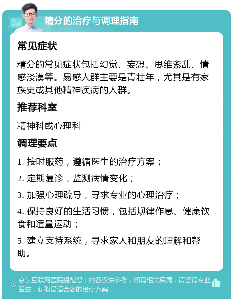 精分的治疗与调理指南 常见症状 精分的常见症状包括幻觉、妄想、思维紊乱、情感淡漠等。易感人群主要是青壮年，尤其是有家族史或其他精神疾病的人群。 推荐科室 精神科或心理科 调理要点 1. 按时服药，遵循医生的治疗方案； 2. 定期复诊，监测病情变化； 3. 加强心理疏导，寻求专业的心理治疗； 4. 保持良好的生活习惯，包括规律作息、健康饮食和适量运动； 5. 建立支持系统，寻求家人和朋友的理解和帮助。