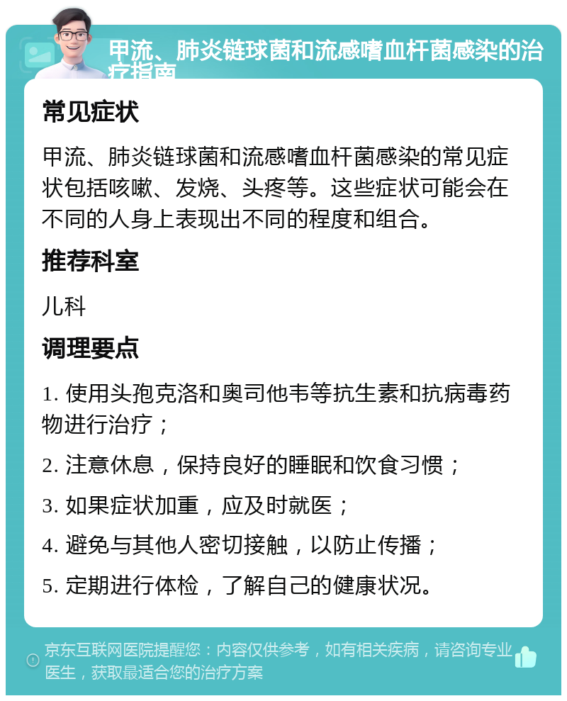 甲流、肺炎链球菌和流感嗜血杆菌感染的治疗指南 常见症状 甲流、肺炎链球菌和流感嗜血杆菌感染的常见症状包括咳嗽、发烧、头疼等。这些症状可能会在不同的人身上表现出不同的程度和组合。 推荐科室 儿科 调理要点 1. 使用头孢克洛和奥司他韦等抗生素和抗病毒药物进行治疗； 2. 注意休息，保持良好的睡眠和饮食习惯； 3. 如果症状加重，应及时就医； 4. 避免与其他人密切接触，以防止传播； 5. 定期进行体检，了解自己的健康状况。