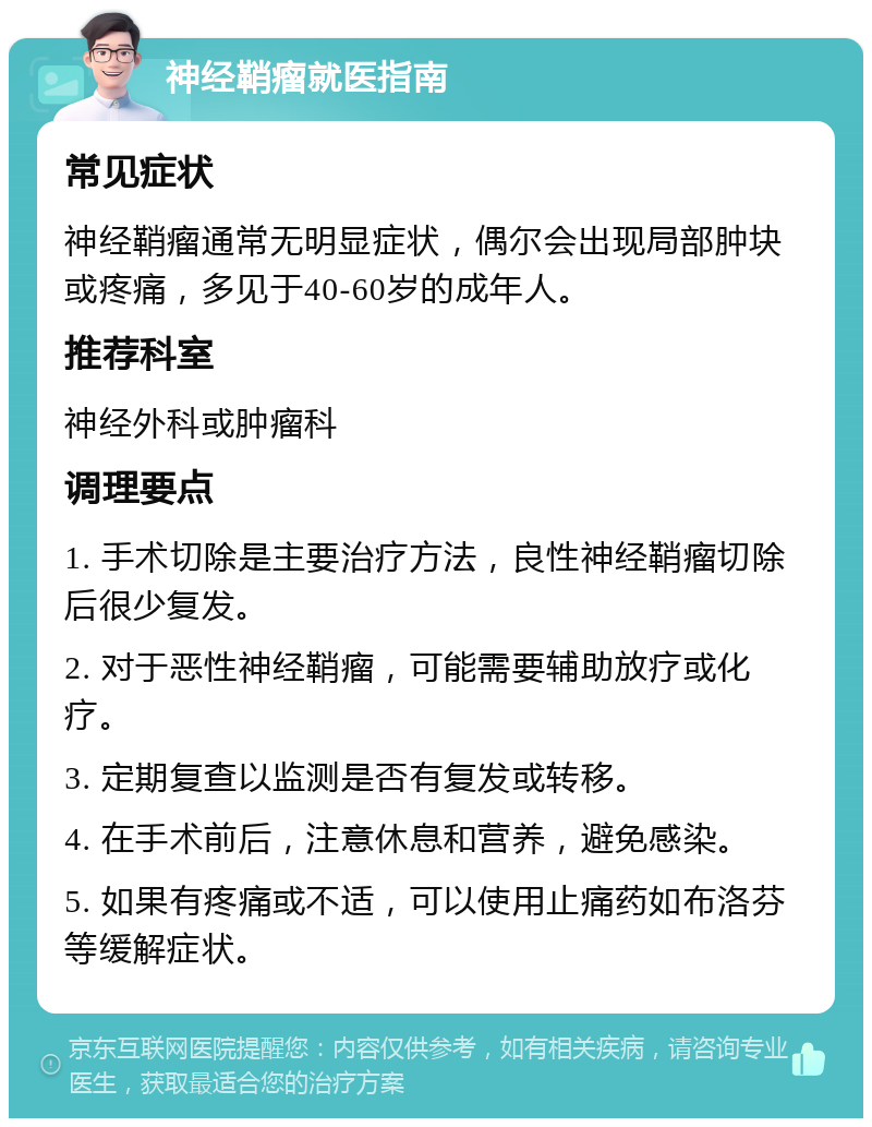 神经鞘瘤就医指南 常见症状 神经鞘瘤通常无明显症状，偶尔会出现局部肿块或疼痛，多见于40-60岁的成年人。 推荐科室 神经外科或肿瘤科 调理要点 1. 手术切除是主要治疗方法，良性神经鞘瘤切除后很少复发。 2. 对于恶性神经鞘瘤，可能需要辅助放疗或化疗。 3. 定期复查以监测是否有复发或转移。 4. 在手术前后，注意休息和营养，避免感染。 5. 如果有疼痛或不适，可以使用止痛药如布洛芬等缓解症状。