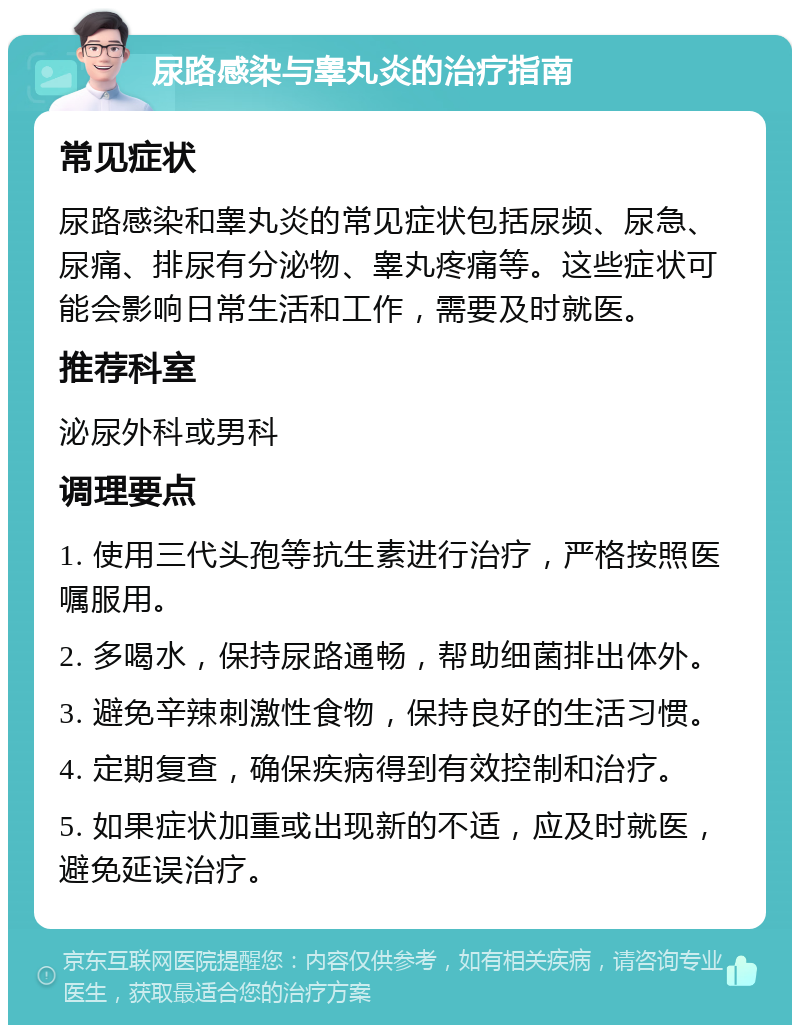 尿路感染与睾丸炎的治疗指南 常见症状 尿路感染和睾丸炎的常见症状包括尿频、尿急、尿痛、排尿有分泌物、睾丸疼痛等。这些症状可能会影响日常生活和工作，需要及时就医。 推荐科室 泌尿外科或男科 调理要点 1. 使用三代头孢等抗生素进行治疗，严格按照医嘱服用。 2. 多喝水，保持尿路通畅，帮助细菌排出体外。 3. 避免辛辣刺激性食物，保持良好的生活习惯。 4. 定期复查，确保疾病得到有效控制和治疗。 5. 如果症状加重或出现新的不适，应及时就医，避免延误治疗。