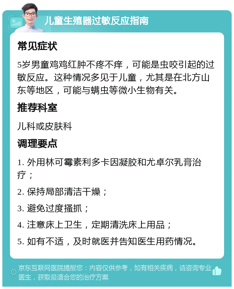 儿童生殖器过敏反应指南 常见症状 5岁男童鸡鸡红肿不疼不痒，可能是虫咬引起的过敏反应。这种情况多见于儿童，尤其是在北方山东等地区，可能与螨虫等微小生物有关。 推荐科室 儿科或皮肤科 调理要点 1. 外用林可霉素利多卡因凝胶和尤卓尔乳膏治疗； 2. 保持局部清洁干燥； 3. 避免过度搔抓； 4. 注意床上卫生，定期清洗床上用品； 5. 如有不适，及时就医并告知医生用药情况。