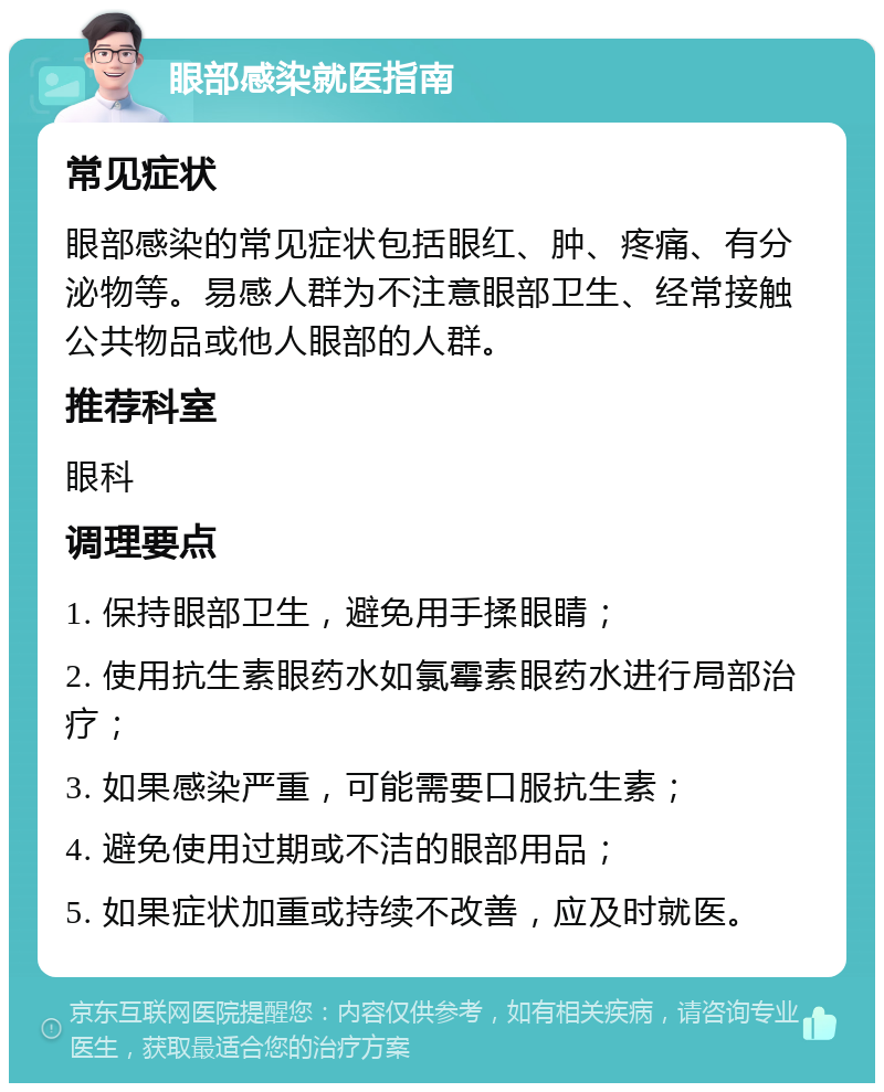 眼部感染就医指南 常见症状 眼部感染的常见症状包括眼红、肿、疼痛、有分泌物等。易感人群为不注意眼部卫生、经常接触公共物品或他人眼部的人群。 推荐科室 眼科 调理要点 1. 保持眼部卫生，避免用手揉眼睛； 2. 使用抗生素眼药水如氯霉素眼药水进行局部治疗； 3. 如果感染严重，可能需要口服抗生素； 4. 避免使用过期或不洁的眼部用品； 5. 如果症状加重或持续不改善，应及时就医。