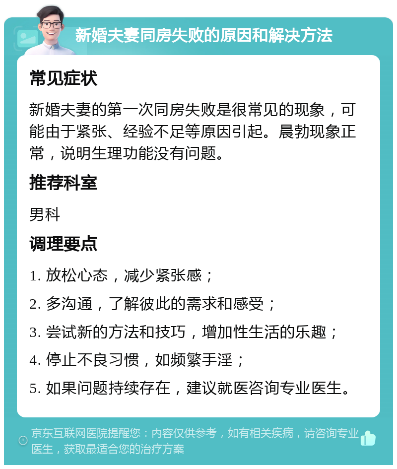 新婚夫妻同房失败的原因和解决方法 常见症状 新婚夫妻的第一次同房失败是很常见的现象，可能由于紧张、经验不足等原因引起。晨勃现象正常，说明生理功能没有问题。 推荐科室 男科 调理要点 1. 放松心态，减少紧张感； 2. 多沟通，了解彼此的需求和感受； 3. 尝试新的方法和技巧，增加性生活的乐趣； 4. 停止不良习惯，如频繁手淫； 5. 如果问题持续存在，建议就医咨询专业医生。