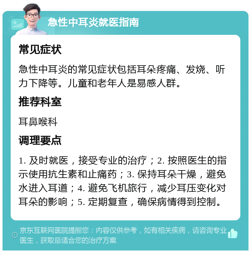 急性中耳炎就医指南 常见症状 急性中耳炎的常见症状包括耳朵疼痛、发烧、听力下降等。儿童和老年人是易感人群。 推荐科室 耳鼻喉科 调理要点 1. 及时就医，接受专业的治疗；2. 按照医生的指示使用抗生素和止痛药；3. 保持耳朵干燥，避免水进入耳道；4. 避免飞机旅行，减少耳压变化对耳朵的影响；5. 定期复查，确保病情得到控制。