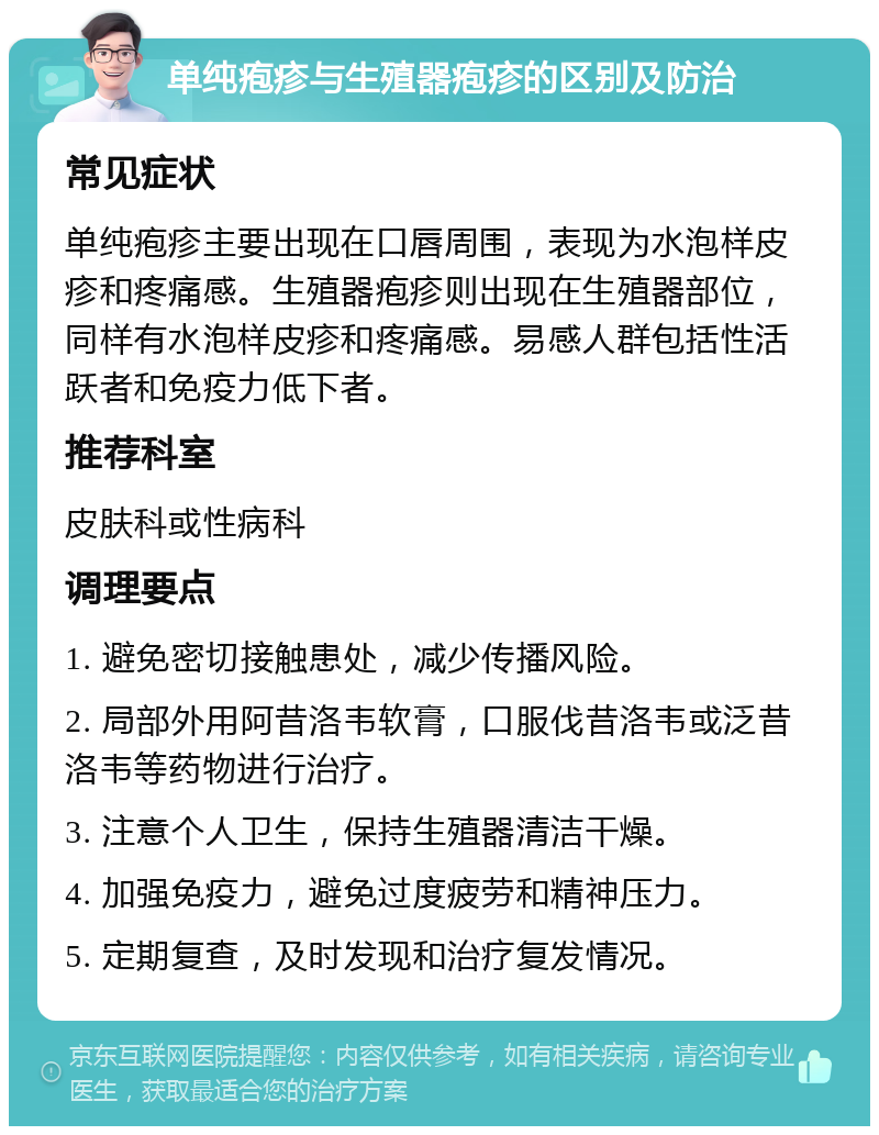 单纯疱疹与生殖器疱疹的区别及防治 常见症状 单纯疱疹主要出现在口唇周围，表现为水泡样皮疹和疼痛感。生殖器疱疹则出现在生殖器部位，同样有水泡样皮疹和疼痛感。易感人群包括性活跃者和免疫力低下者。 推荐科室 皮肤科或性病科 调理要点 1. 避免密切接触患处，减少传播风险。 2. 局部外用阿昔洛韦软膏，口服伐昔洛韦或泛昔洛韦等药物进行治疗。 3. 注意个人卫生，保持生殖器清洁干燥。 4. 加强免疫力，避免过度疲劳和精神压力。 5. 定期复查，及时发现和治疗复发情况。