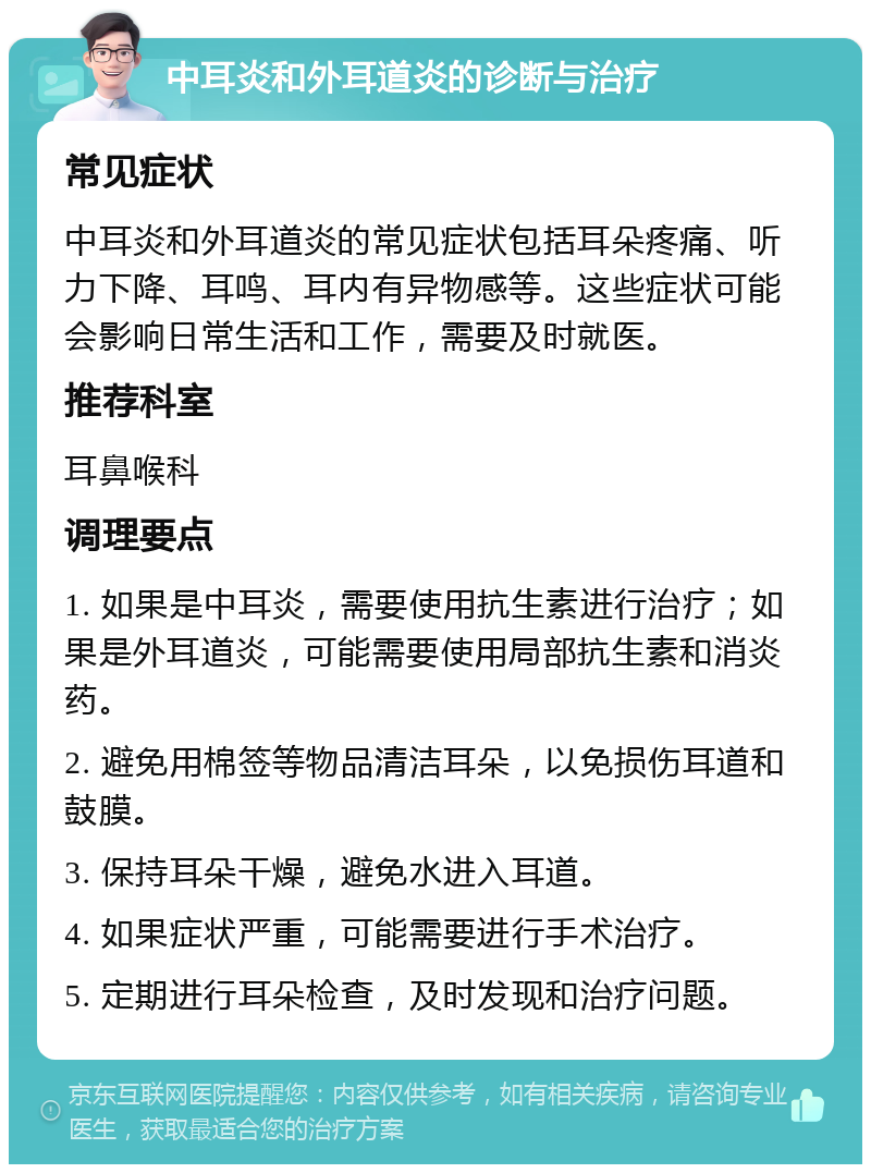 中耳炎和外耳道炎的诊断与治疗 常见症状 中耳炎和外耳道炎的常见症状包括耳朵疼痛、听力下降、耳鸣、耳内有异物感等。这些症状可能会影响日常生活和工作，需要及时就医。 推荐科室 耳鼻喉科 调理要点 1. 如果是中耳炎，需要使用抗生素进行治疗；如果是外耳道炎，可能需要使用局部抗生素和消炎药。 2. 避免用棉签等物品清洁耳朵，以免损伤耳道和鼓膜。 3. 保持耳朵干燥，避免水进入耳道。 4. 如果症状严重，可能需要进行手术治疗。 5. 定期进行耳朵检查，及时发现和治疗问题。