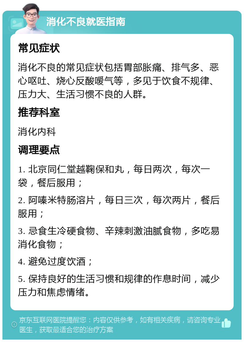 消化不良就医指南 常见症状 消化不良的常见症状包括胃部胀痛、排气多、恶心呕吐、烧心反酸嗳气等，多见于饮食不规律、压力大、生活习惯不良的人群。 推荐科室 消化内科 调理要点 1. 北京同仁堂越鞠保和丸，每日两次，每次一袋，餐后服用； 2. 阿嗪米特肠溶片，每日三次，每次两片，餐后服用； 3. 忌食生冷硬食物、辛辣刺激油腻食物，多吃易消化食物； 4. 避免过度饮酒； 5. 保持良好的生活习惯和规律的作息时间，减少压力和焦虑情绪。