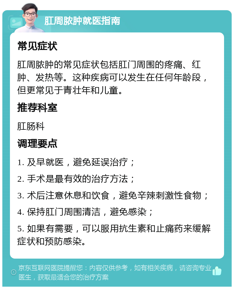 肛周脓肿就医指南 常见症状 肛周脓肿的常见症状包括肛门周围的疼痛、红肿、发热等。这种疾病可以发生在任何年龄段，但更常见于青壮年和儿童。 推荐科室 肛肠科 调理要点 1. 及早就医，避免延误治疗； 2. 手术是最有效的治疗方法； 3. 术后注意休息和饮食，避免辛辣刺激性食物； 4. 保持肛门周围清洁，避免感染； 5. 如果有需要，可以服用抗生素和止痛药来缓解症状和预防感染。