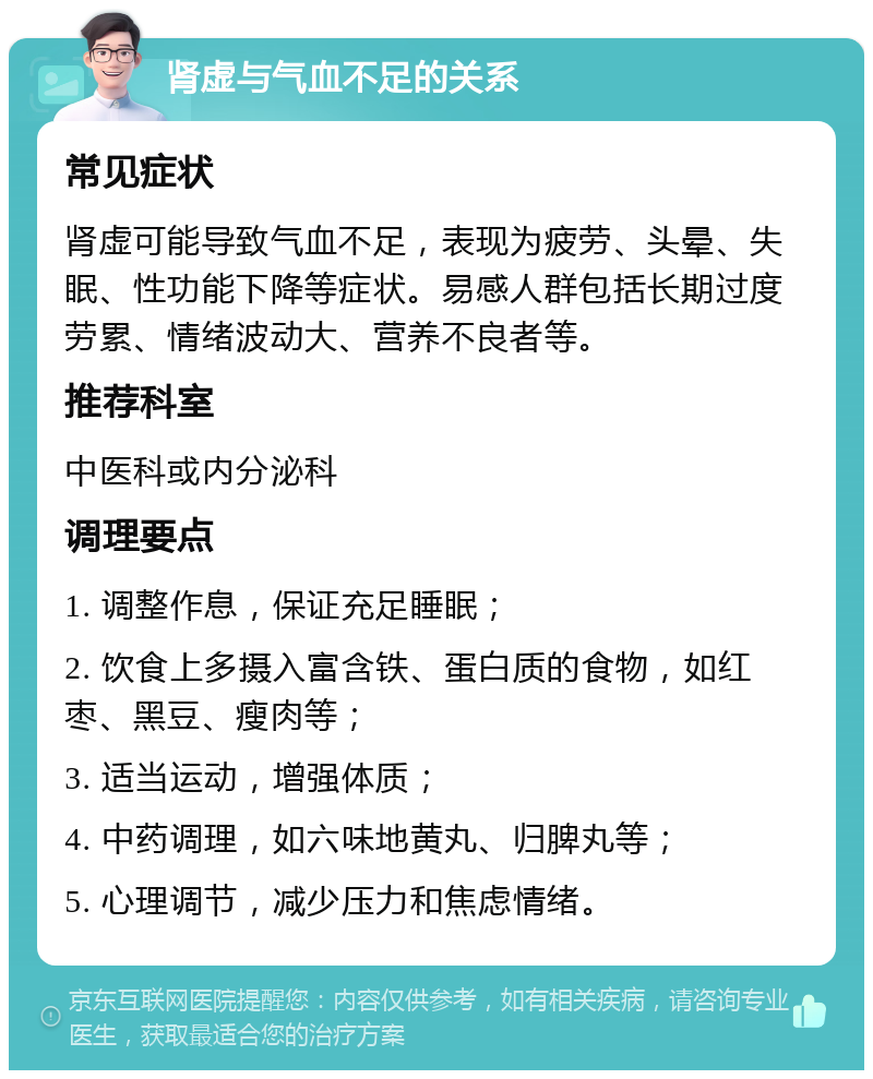 肾虚与气血不足的关系 常见症状 肾虚可能导致气血不足，表现为疲劳、头晕、失眠、性功能下降等症状。易感人群包括长期过度劳累、情绪波动大、营养不良者等。 推荐科室 中医科或内分泌科 调理要点 1. 调整作息，保证充足睡眠； 2. 饮食上多摄入富含铁、蛋白质的食物，如红枣、黑豆、瘦肉等； 3. 适当运动，增强体质； 4. 中药调理，如六味地黄丸、归脾丸等； 5. 心理调节，减少压力和焦虑情绪。