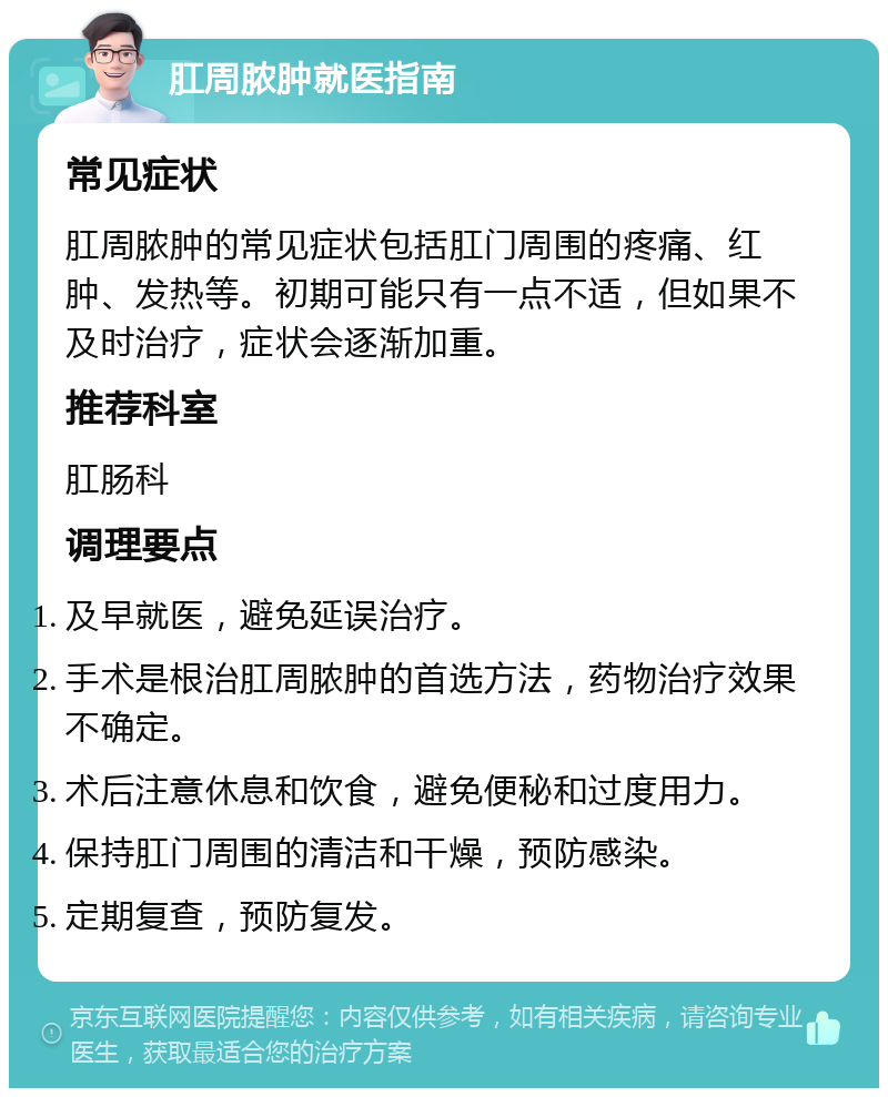 肛周脓肿就医指南 常见症状 肛周脓肿的常见症状包括肛门周围的疼痛、红肿、发热等。初期可能只有一点不适，但如果不及时治疗，症状会逐渐加重。 推荐科室 肛肠科 调理要点 及早就医，避免延误治疗。 手术是根治肛周脓肿的首选方法，药物治疗效果不确定。 术后注意休息和饮食，避免便秘和过度用力。 保持肛门周围的清洁和干燥，预防感染。 定期复查，预防复发。