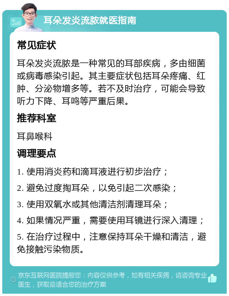 耳朵发炎流脓就医指南 常见症状 耳朵发炎流脓是一种常见的耳部疾病，多由细菌或病毒感染引起。其主要症状包括耳朵疼痛、红肿、分泌物增多等。若不及时治疗，可能会导致听力下降、耳鸣等严重后果。 推荐科室 耳鼻喉科 调理要点 1. 使用消炎药和滴耳液进行初步治疗； 2. 避免过度掏耳朵，以免引起二次感染； 3. 使用双氧水或其他清洁剂清理耳朵； 4. 如果情况严重，需要使用耳镜进行深入清理； 5. 在治疗过程中，注意保持耳朵干燥和清洁，避免接触污染物质。