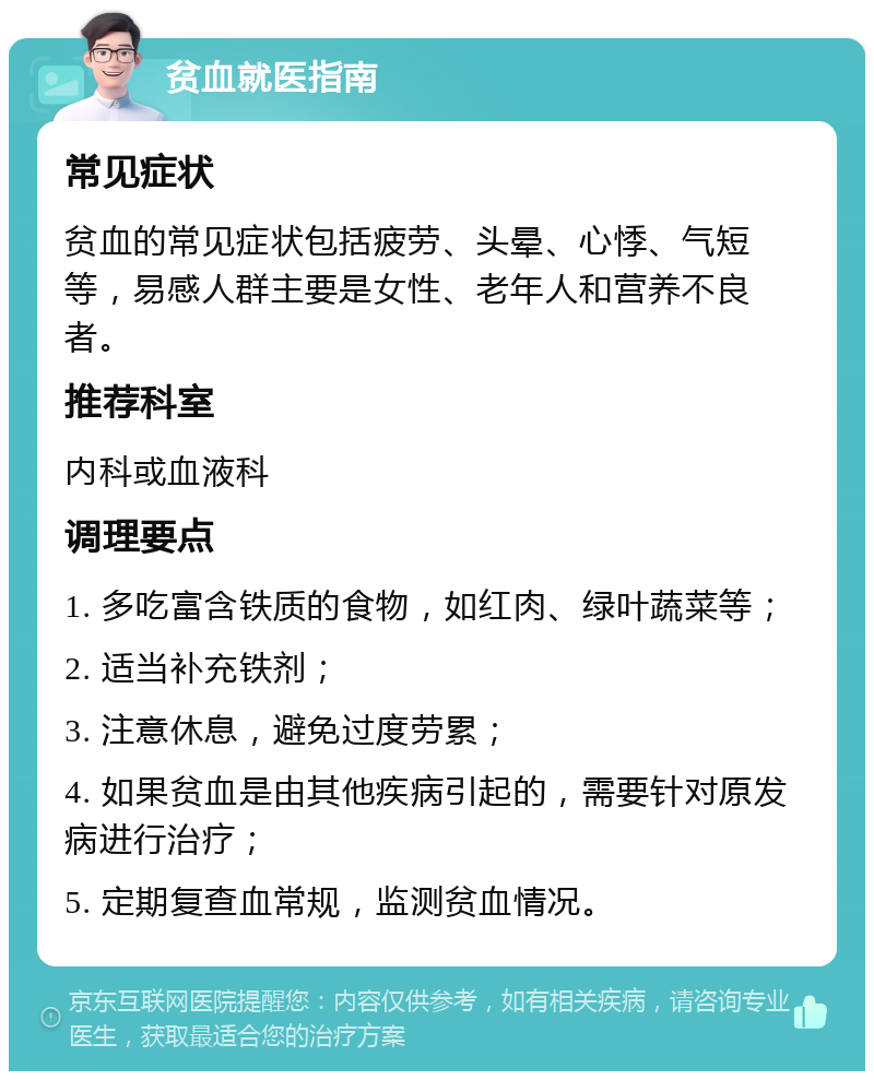 贫血就医指南 常见症状 贫血的常见症状包括疲劳、头晕、心悸、气短等，易感人群主要是女性、老年人和营养不良者。 推荐科室 内科或血液科 调理要点 1. 多吃富含铁质的食物，如红肉、绿叶蔬菜等； 2. 适当补充铁剂； 3. 注意休息，避免过度劳累； 4. 如果贫血是由其他疾病引起的，需要针对原发病进行治疗； 5. 定期复查血常规，监测贫血情况。