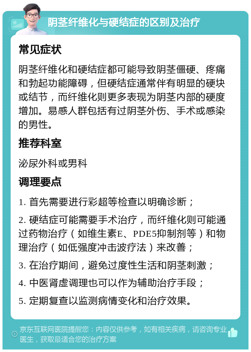 阴茎纤维化与硬结症的区别及治疗 常见症状 阴茎纤维化和硬结症都可能导致阴茎僵硬、疼痛和勃起功能障碍，但硬结症通常伴有明显的硬块或结节，而纤维化则更多表现为阴茎内部的硬度增加。易感人群包括有过阴茎外伤、手术或感染的男性。 推荐科室 泌尿外科或男科 调理要点 1. 首先需要进行彩超等检查以明确诊断； 2. 硬结症可能需要手术治疗，而纤维化则可能通过药物治疗（如维生素E、PDE5抑制剂等）和物理治疗（如低强度冲击波疗法）来改善； 3. 在治疗期间，避免过度性生活和阴茎刺激； 4. 中医肾虚调理也可以作为辅助治疗手段； 5. 定期复查以监测病情变化和治疗效果。