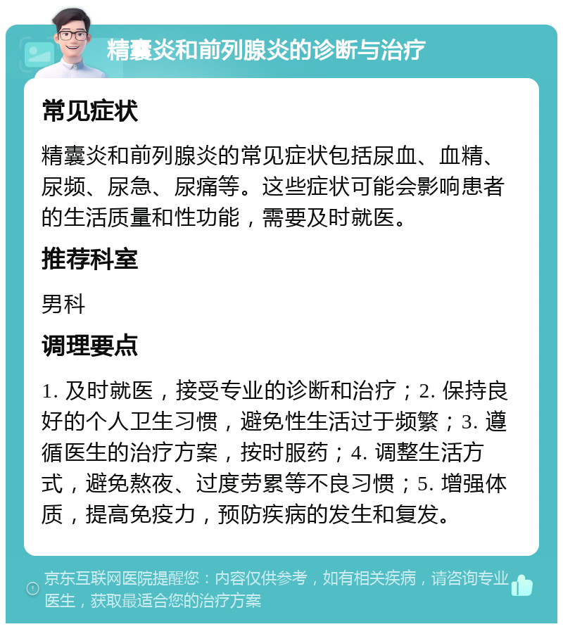 精囊炎和前列腺炎的诊断与治疗 常见症状 精囊炎和前列腺炎的常见症状包括尿血、血精、尿频、尿急、尿痛等。这些症状可能会影响患者的生活质量和性功能，需要及时就医。 推荐科室 男科 调理要点 1. 及时就医，接受专业的诊断和治疗；2. 保持良好的个人卫生习惯，避免性生活过于频繁；3. 遵循医生的治疗方案，按时服药；4. 调整生活方式，避免熬夜、过度劳累等不良习惯；5. 增强体质，提高免疫力，预防疾病的发生和复发。