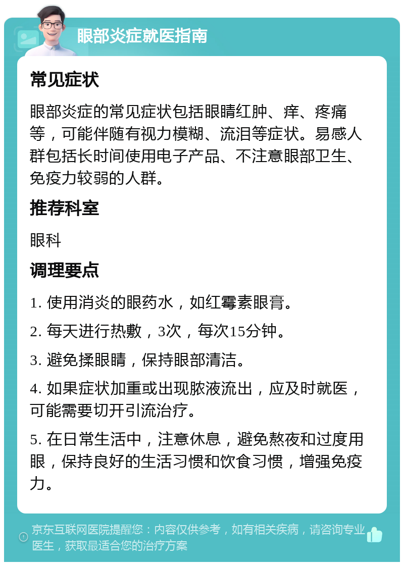 眼部炎症就医指南 常见症状 眼部炎症的常见症状包括眼睛红肿、痒、疼痛等，可能伴随有视力模糊、流泪等症状。易感人群包括长时间使用电子产品、不注意眼部卫生、免疫力较弱的人群。 推荐科室 眼科 调理要点 1. 使用消炎的眼药水，如红霉素眼膏。 2. 每天进行热敷，3次，每次15分钟。 3. 避免揉眼睛，保持眼部清洁。 4. 如果症状加重或出现脓液流出，应及时就医，可能需要切开引流治疗。 5. 在日常生活中，注意休息，避免熬夜和过度用眼，保持良好的生活习惯和饮食习惯，增强免疫力。