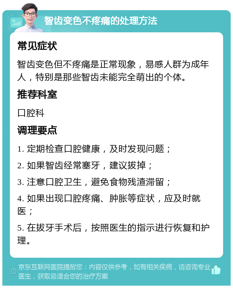 智齿变色不疼痛的处理方法 常见症状 智齿变色但不疼痛是正常现象，易感人群为成年人，特别是那些智齿未能完全萌出的个体。 推荐科室 口腔科 调理要点 1. 定期检查口腔健康，及时发现问题； 2. 如果智齿经常塞牙，建议拔掉； 3. 注意口腔卫生，避免食物残渣滞留； 4. 如果出现口腔疼痛、肿胀等症状，应及时就医； 5. 在拔牙手术后，按照医生的指示进行恢复和护理。