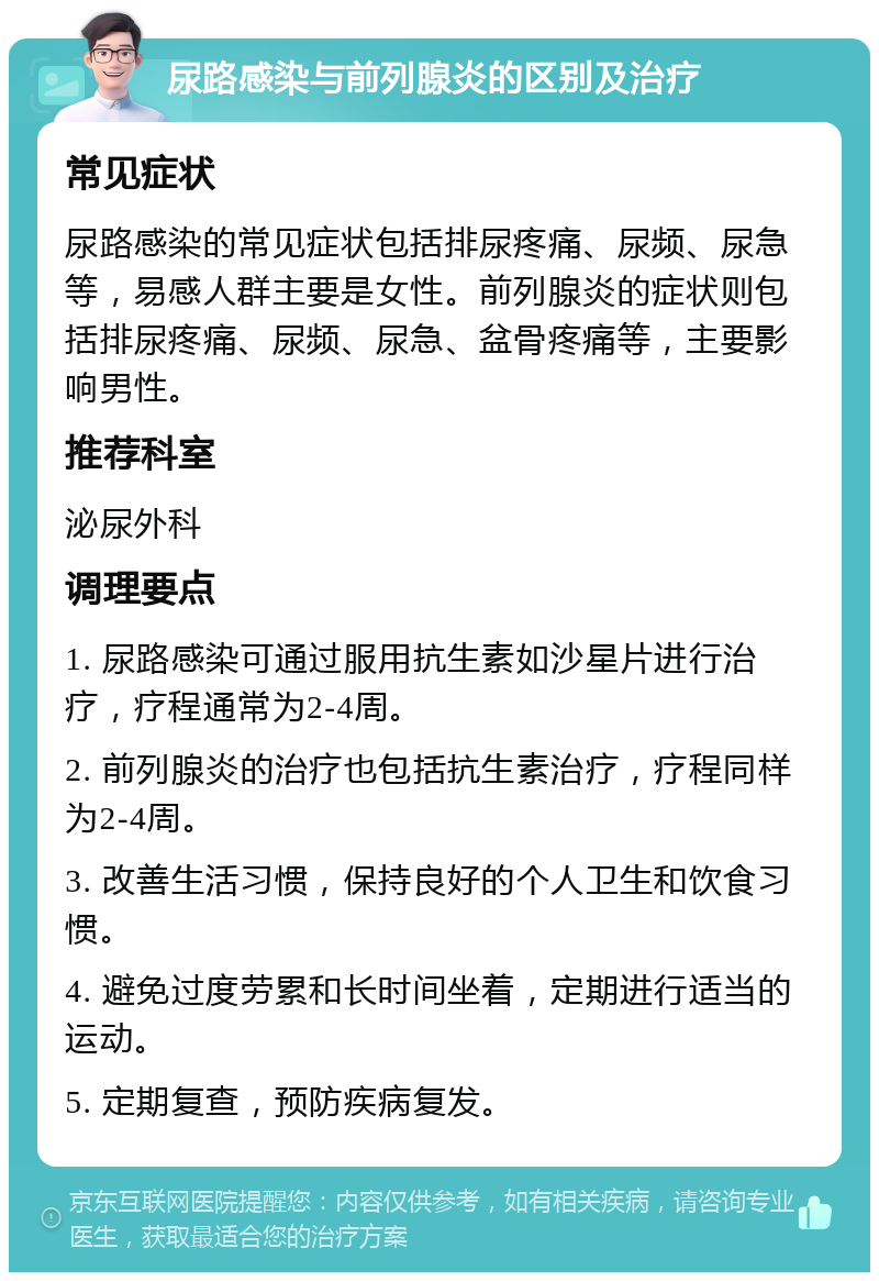 尿路感染与前列腺炎的区别及治疗 常见症状 尿路感染的常见症状包括排尿疼痛、尿频、尿急等，易感人群主要是女性。前列腺炎的症状则包括排尿疼痛、尿频、尿急、盆骨疼痛等，主要影响男性。 推荐科室 泌尿外科 调理要点 1. 尿路感染可通过服用抗生素如沙星片进行治疗，疗程通常为2-4周。 2. 前列腺炎的治疗也包括抗生素治疗，疗程同样为2-4周。 3. 改善生活习惯，保持良好的个人卫生和饮食习惯。 4. 避免过度劳累和长时间坐着，定期进行适当的运动。 5. 定期复查，预防疾病复发。