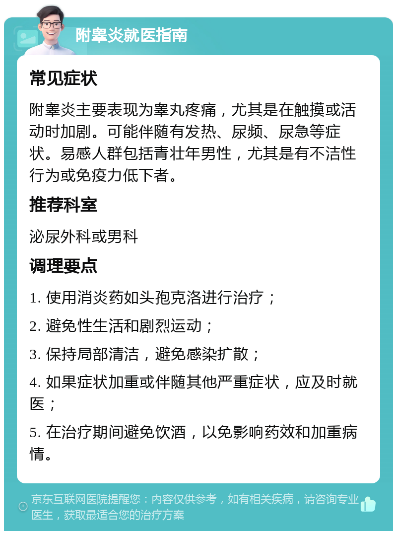 附睾炎就医指南 常见症状 附睾炎主要表现为睾丸疼痛，尤其是在触摸或活动时加剧。可能伴随有发热、尿频、尿急等症状。易感人群包括青壮年男性，尤其是有不洁性行为或免疫力低下者。 推荐科室 泌尿外科或男科 调理要点 1. 使用消炎药如头孢克洛进行治疗； 2. 避免性生活和剧烈运动； 3. 保持局部清洁，避免感染扩散； 4. 如果症状加重或伴随其他严重症状，应及时就医； 5. 在治疗期间避免饮酒，以免影响药效和加重病情。