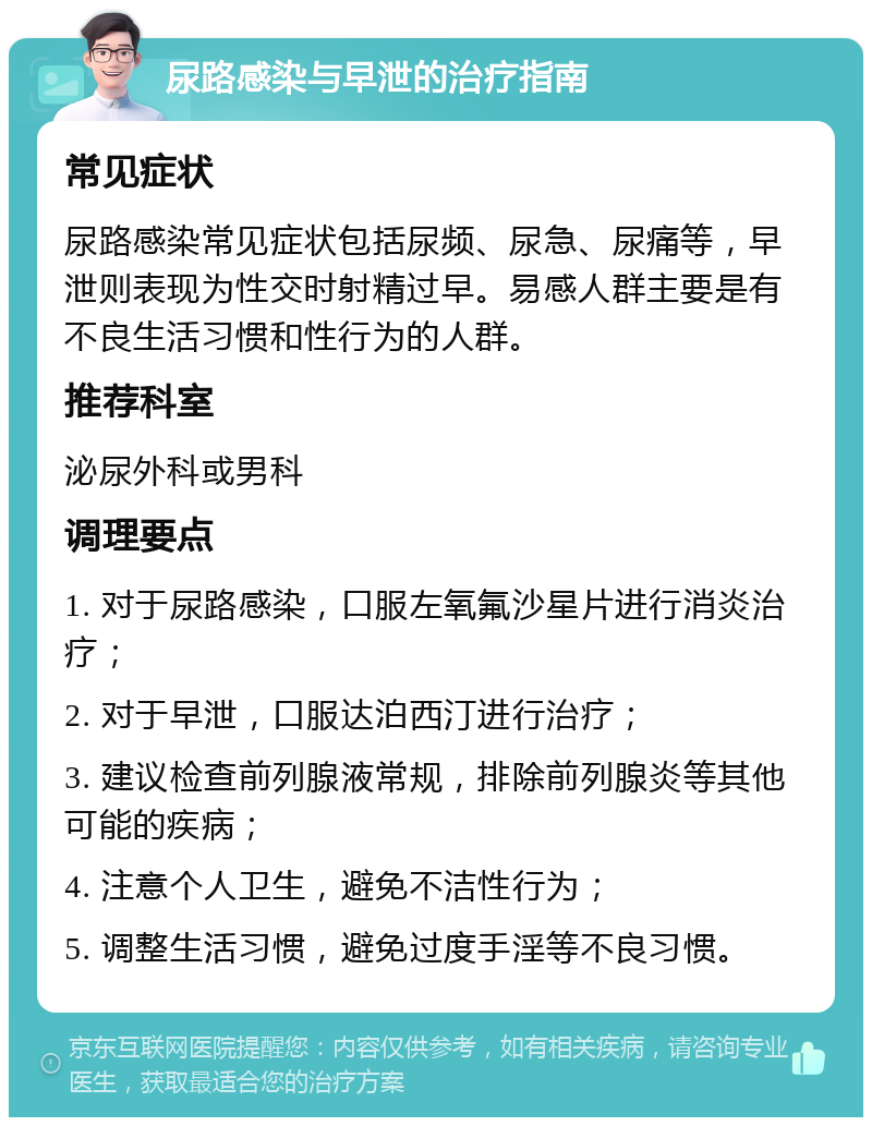 尿路感染与早泄的治疗指南 常见症状 尿路感染常见症状包括尿频、尿急、尿痛等，早泄则表现为性交时射精过早。易感人群主要是有不良生活习惯和性行为的人群。 推荐科室 泌尿外科或男科 调理要点 1. 对于尿路感染，口服左氧氟沙星片进行消炎治疗； 2. 对于早泄，口服达泊西汀进行治疗； 3. 建议检查前列腺液常规，排除前列腺炎等其他可能的疾病； 4. 注意个人卫生，避免不洁性行为； 5. 调整生活习惯，避免过度手淫等不良习惯。