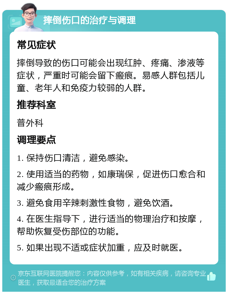 摔倒伤口的治疗与调理 常见症状 摔倒导致的伤口可能会出现红肿、疼痛、渗液等症状，严重时可能会留下瘢痕。易感人群包括儿童、老年人和免疫力较弱的人群。 推荐科室 普外科 调理要点 1. 保持伤口清洁，避免感染。 2. 使用适当的药物，如康瑞保，促进伤口愈合和减少瘢痕形成。 3. 避免食用辛辣刺激性食物，避免饮酒。 4. 在医生指导下，进行适当的物理治疗和按摩，帮助恢复受伤部位的功能。 5. 如果出现不适或症状加重，应及时就医。